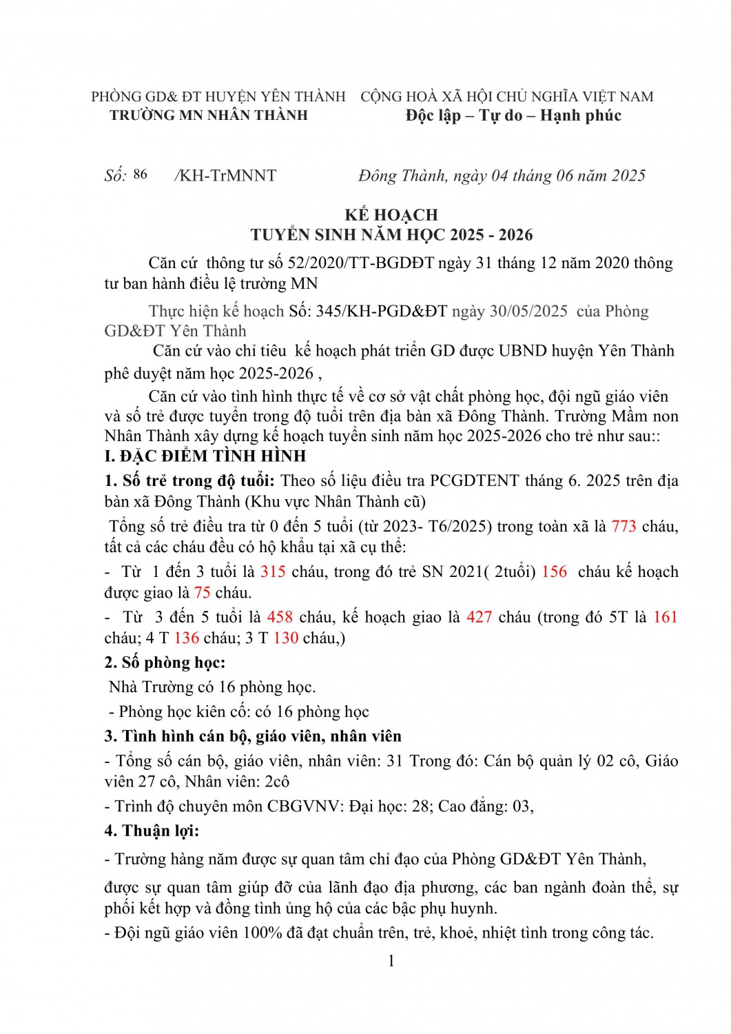 KẾ HOẠCH  TUYỂN SINH NĂM HỌC 2025 - 2026