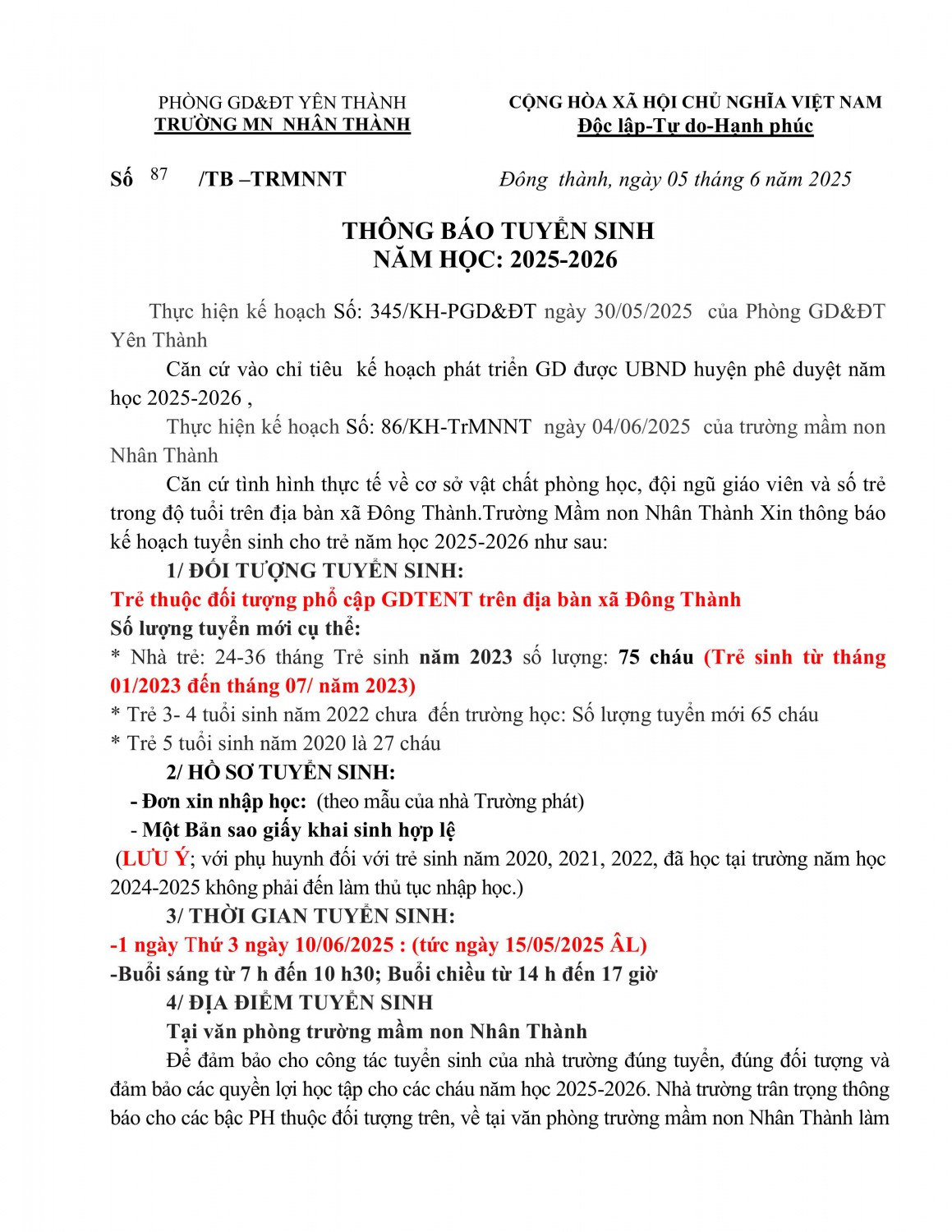 THÔNG BÁO TUYỂN SINH 2025 -2026